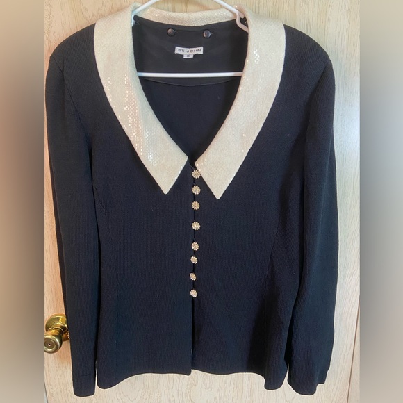 St. John Sweaters - ST. JOHN Women's Black/Ivory Removable Collar Santana Knit Blazer Sweater Sz 16